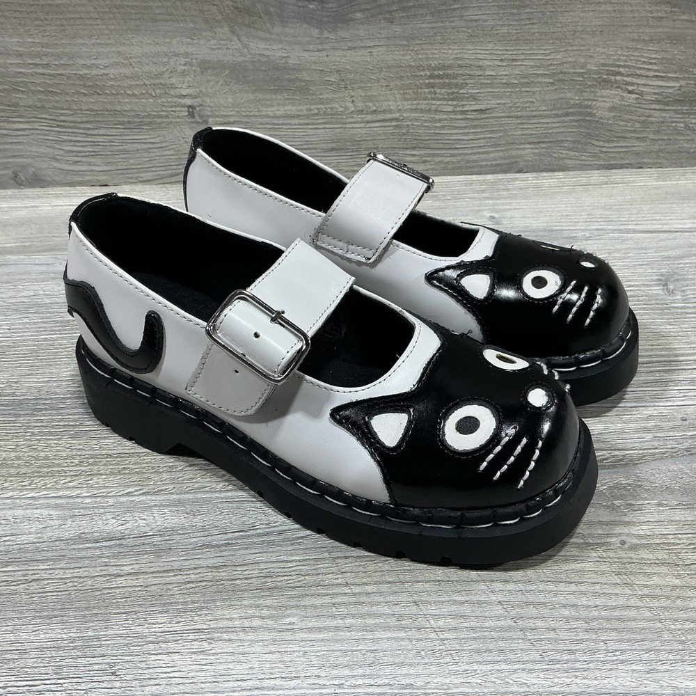 TUK Mary Jane's Kitty Face Shoes White Black Cat Womens Size 7 US 38 EU NEW